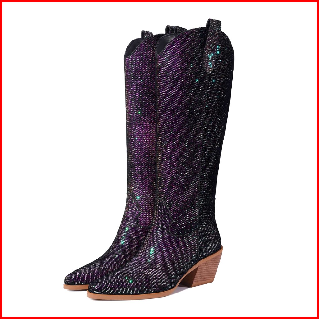 Women's Sparkly Knee High Cowboy Boots Chunky Heel Pointed Toe Western